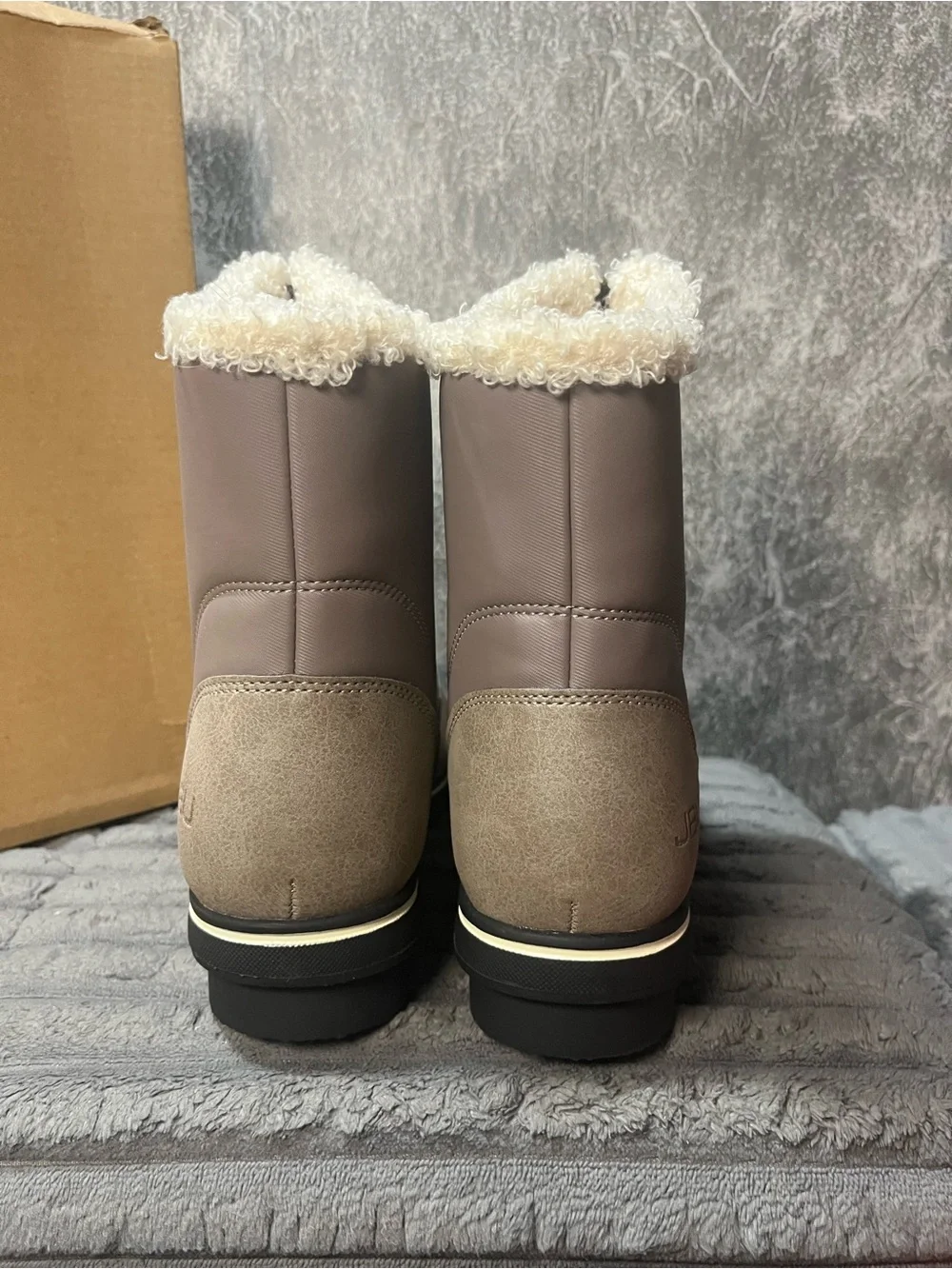 JBU Taupe Winter Ankle Boots with Cream Shearling Trim